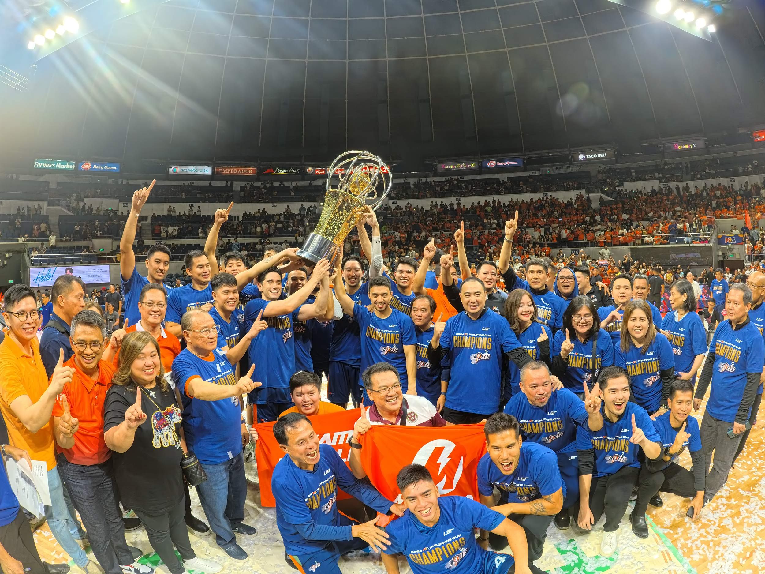 The Meralco Bolts celebrate after winning the 2024 PBA All-Filipino Conference Championship against San Miguel Beer, June 16, 2024 at the Araneta Coliseum. PBA Images/File